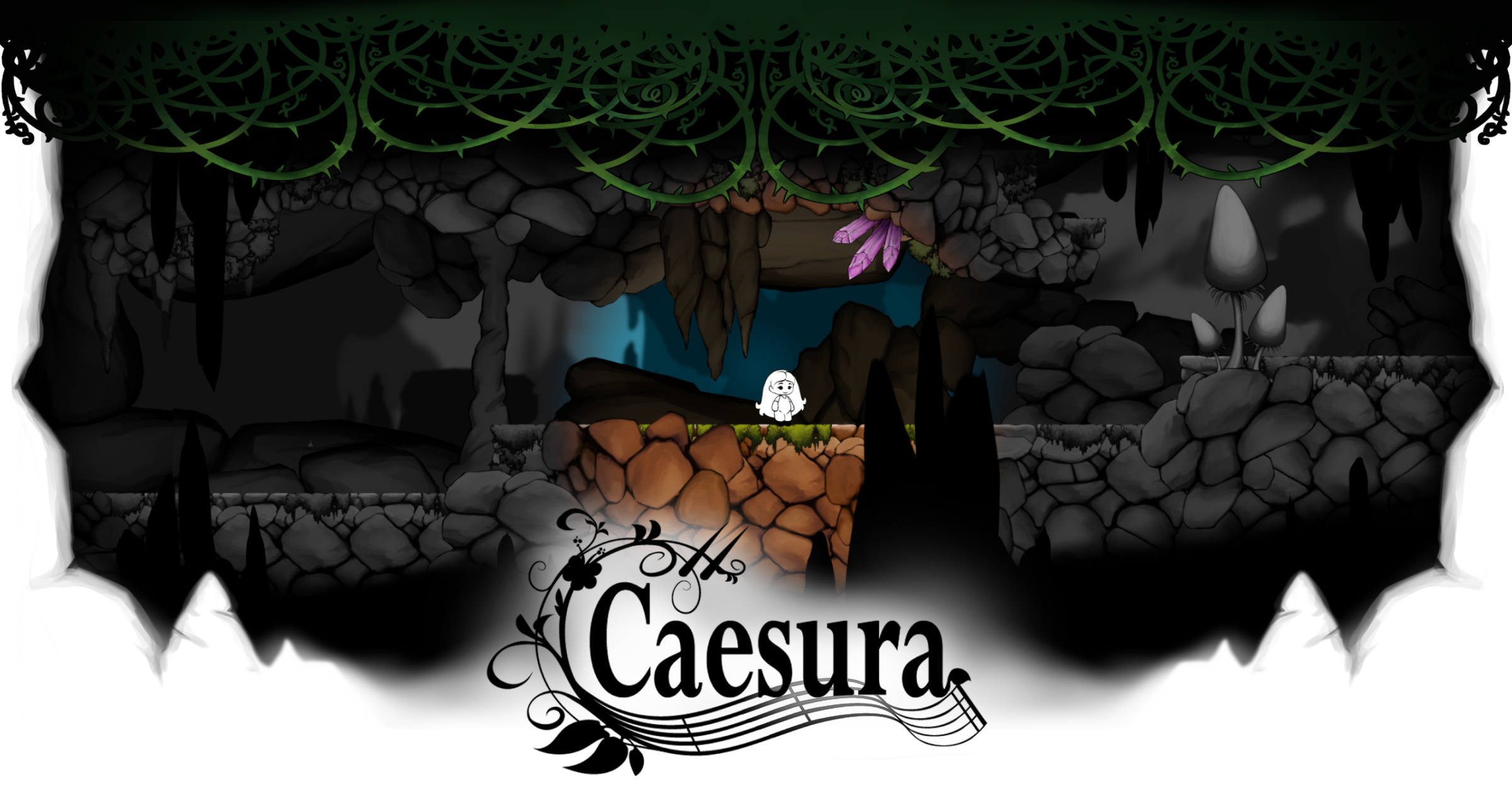 The title 'Caesura' overlays a gameplay image where the main character, a girl rendered in black and white, explores a cave. Vines at the top frame the image like the top curtain on a stage. Around the character, the cave is rendered in color, showing a floor of brown rocks, with purple glowing crystals on the ceiling. Farther from the character, the world is rendered in grayscale.