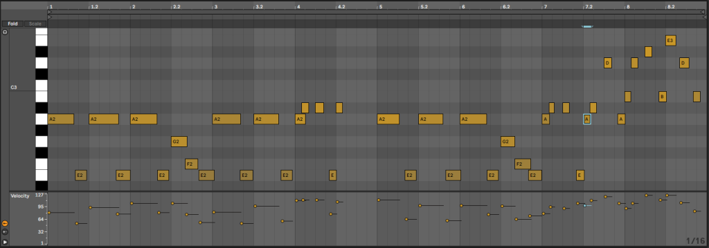 Piano roll screenshot showing 8 measures of music and the velocity panel.